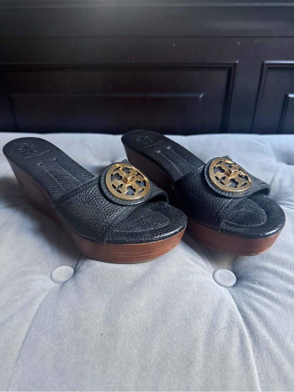 Tory Burch Black Leather Platform Wedge Slides with Gold Logo Medallion